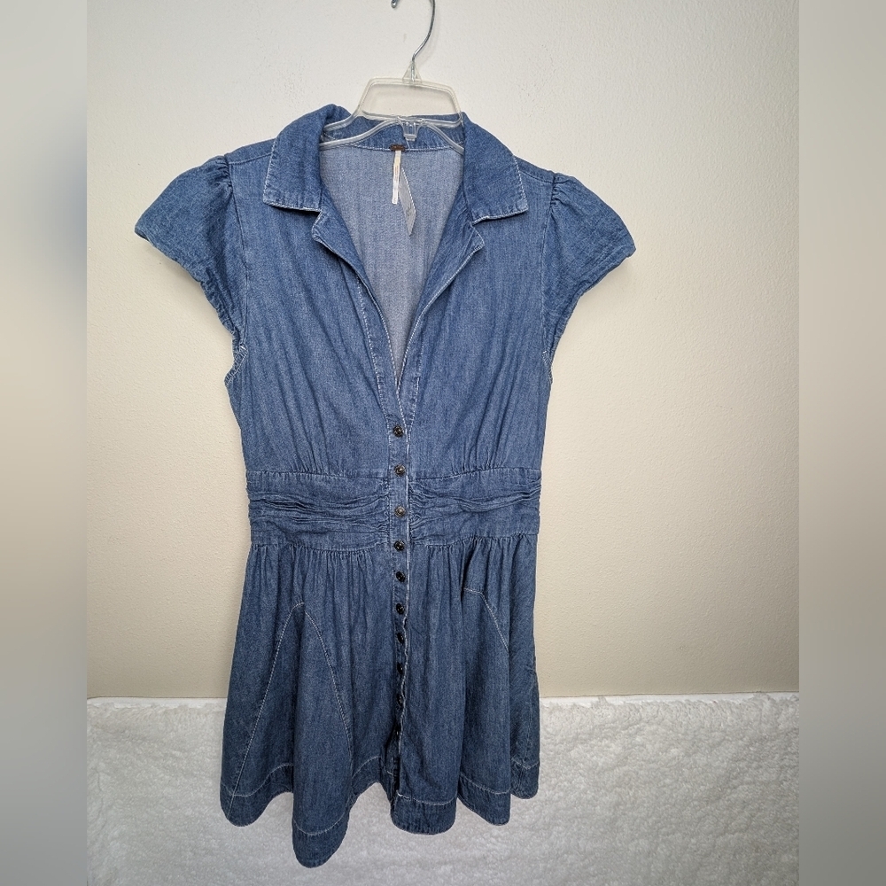 Free People Chester Dress Womens Large Stretch Denim Flutter Sleeve Sparkle 8 - Picture 14 of 15